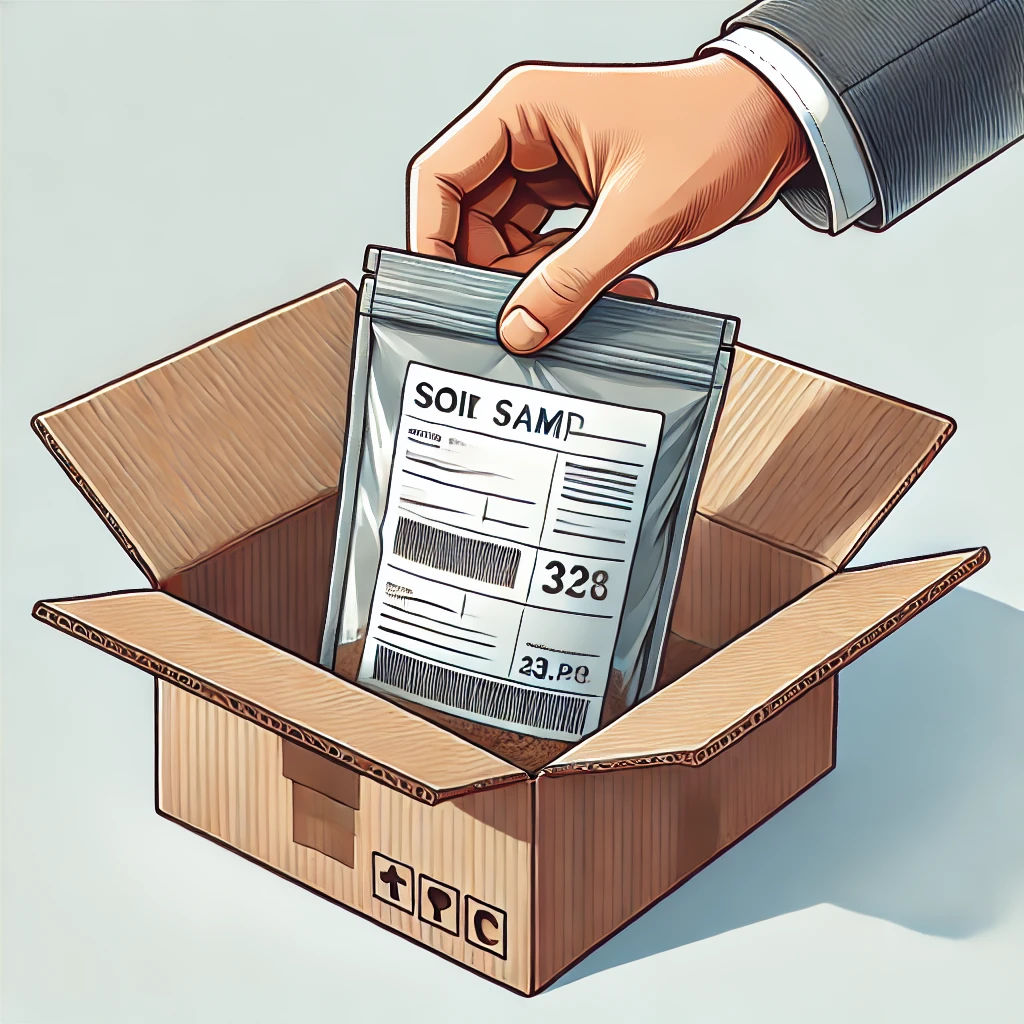 Put soil sample and shipping label in carbdoard box